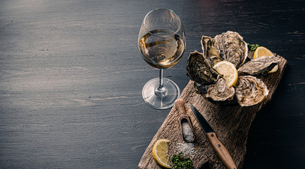 Fresh oysters with lemon ice and white wine. © Mykhailovskyi
