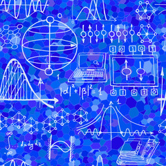 Technology and physics abstract illustration with sketch elements. Science background with decorative formulas and graphs. Hand drawn.