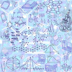 Abstract science or education illustration with fictional molecular structure, formulas, graphs, books and laboratory equipment illustrating science concept. Hand drawn. 