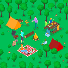 BBQ Picnic Concept 3d Isometric View. Vector