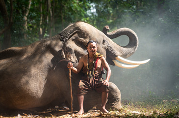 Fototapeta na wymiar Thai farmer walking with the elephant in the jungle