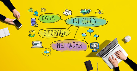 Cloud computing flowchart with people working together with laptop and phone