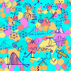 Abstract science or education illustration with decorative formulas and graphs. Hand drawn.