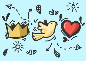 Crown, bird, heart, cartoon drawing vector Can be applied to various designs.