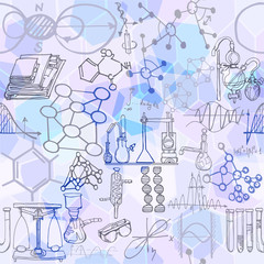 Physics, chemistry or education abstract illustration with decorative lab tools and diagrams. Hand drawn.