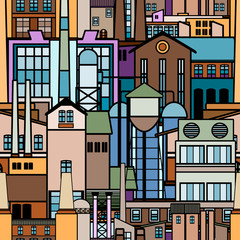 Colorful illustration featuring abstract industrial fictional factory silhouettes illustrating heavy industry, metallurgy or refinery. 