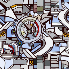 Abstract industrial factory illustration with fictional pipes and machines. Hand drawn. 