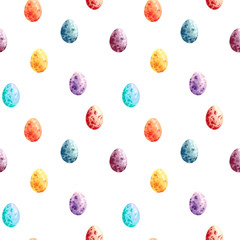 Seamless easter pattern consisting of colorful eggs. Watercolor easter eggs on white background. Wrapping, scrapbooking