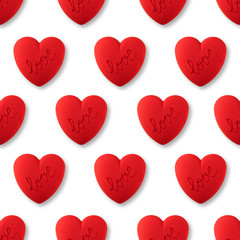 Seamless pattern of red cake with the inscription Love on a white background. Concept for packaging, textile, print