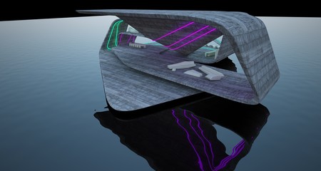 Abstract architectural concrete interior of a modern villa on the sea with colored neon lighting. 3D illustration and rendering.