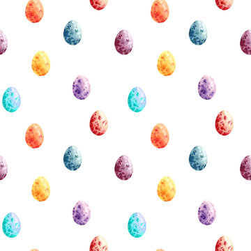 Seamless easter pattern consisting of colorful eggs. Watercolor easter eggs on white background. Wrapping, scrapbooking