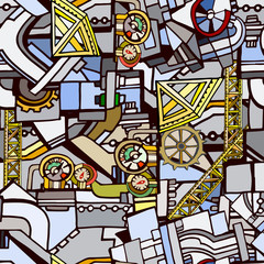 Abstract colorful illustration with decorative industrial or machine elements. Hand drawn.