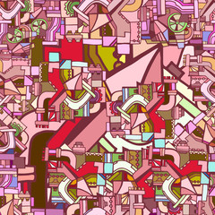 Abstract colorful illustration with decorative industrial or machine elements. Hand drawn.