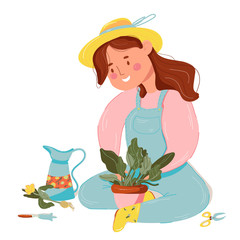 Cute cartoon girl working in the garden vector illustration.Woman with watering can vector. Spring gardening. Flat cartoon doodle vector illustration