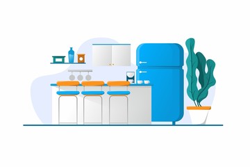 Modern illustration in flat style. Illustration of a kitchen with a Breakfast bar, refrigerator, and coffee machine. Illustration for web page design and printing
