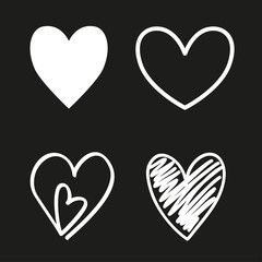 Hearts on isolated black background. Set of love symbols. Black and white illustration. Holiday concept
