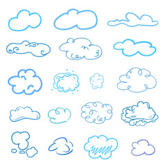 Colorful outlined cloud on isolated background. Sketchy doodles on white. Hand drawn clouds. Colored illustration. Nature concept