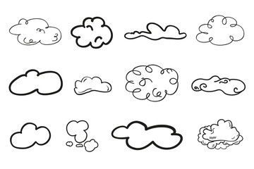 Clouds on isolated white background. Doodles on white. Hand drawn line art. Nature concept
