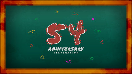 54th Anniversary celebration. Messy Chalk number with frame and geometric decoration on green chalkboard background. Old school style design vector EPS 10. Can be used for company or wedding.
