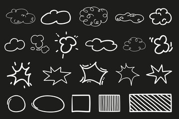 Elements on isolated black background. Abstract clouds. Geometric shape. Black and white illustration