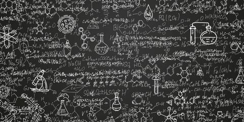 Chemical formulas on a black background .School writing board .Scientific research - vector .