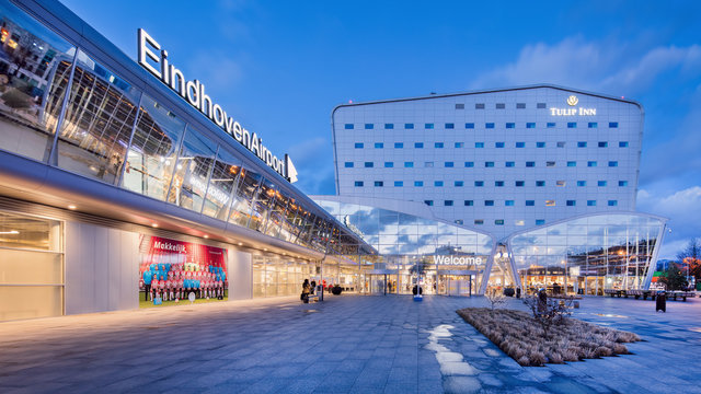 EINDHOVEN-MARCH 7, 2019. Eindhoven Airport at twilight. The airport is located close to Eindhoven and with annually 5.7 million passengers it is also the second largest airport in the Netherlands.