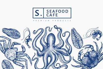 Seafood design template. Hand drawn vector seafood illustration. Engraved style food banner. Retro sea animals background