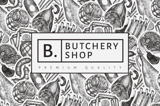 Vintage vector meat products design template. Hand drawn ham, sausages, jamon, spices and herbs. Retro illustration. Can be use for restaurant menu.