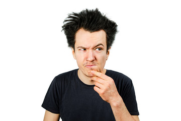long hair guy offended and matures on a white isolated background