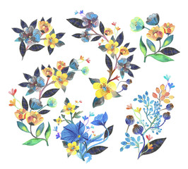 Watercolor illustration. Raster. Stylized. Set of plants