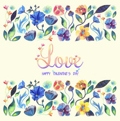 Watercolor illustration of flowers. Raster. Greeting card for Valentine's Day.