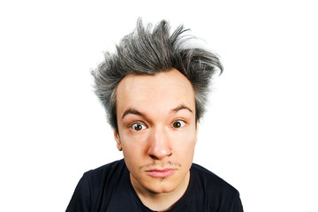 shaggy guy with long grey hair looks in camera, on isolated white background.