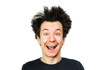 shaggy mad young man freak with long hair, smiling on white isolated background.