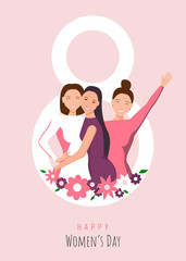 March 8, International Women's Day. 8 march, womans day, Women's Day background, banners, Women's Day flyer, womens day design. Happy girls hugging. African american woman. Love between the girls.