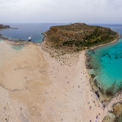 Amazing aerial panoramic view on the famous Balos beach in Balos lagoon and pirate island...