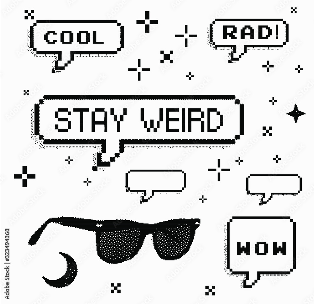 Aufkleber Set of different stickers: stars and sparkles, speech bubbles with text in pixel art 8-bit webpunk style.