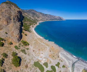 Aerial panoramic shot of Agia Roumeli beach in Chania of Crete, Greece. The village of Agia Roumeli...