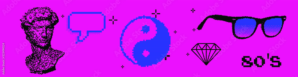 Poster set of different stickers: yin and yang symbol, diamond, speech bubble and david bust in pixel art 8