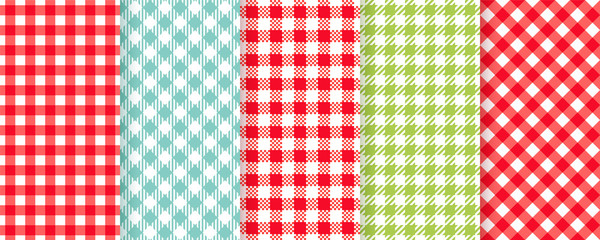 Plaid seamless pattern. Vector. Checkered texture. Picnic napkin. Tartan background. Set gingham pixel, buffalo textile prints. Geometric red white cloth. Abstract illustration. Simple trendy design.