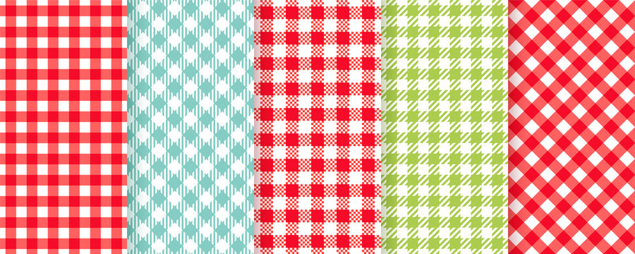 Plaid Seamless Pattern. Vector. Checkered Texture. Picnic Napkin. Tartan Background. Set Gingham Pixel, Buffalo Textile Prints. Geometric Red White Cloth. Abstract Illustration. Simple Trendy Design.