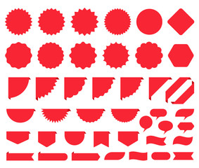 Price burst box. Starburst promo sticker. Vector. Round star icon. Set sale tag badges. Red circle, cloud, flag shapes. Sunburst label isolated on white background. Color illustration. Simple pricetag