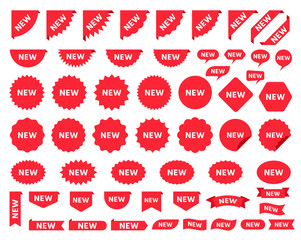 New sticker. Vector. Sale price tag product. Circle, corner, cloud badges. Red icons promo labels. Starburst shapes isolated on white background. Flat illustration. Set of new arrival pricetag signs.
