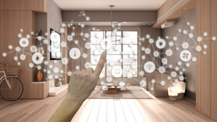 Glowing smart home interface, geometric background, connected line and dots showing internet of things system, hand pointing icons over minimalist luxury living room, home automation