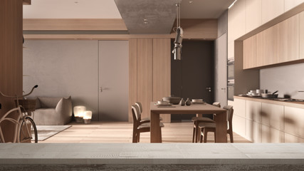 Wooden vintage table top or shelf closeup, zen mood, over minimalist kitchen with dining room in beige tones with wood and concrete details, dining table, architecture interior design
