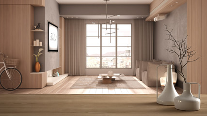 Wooden table top or shelf with minimalistic modern vases over minimalist living room in beige tones with wooden and concrete details, parquet, armchairs, architecture interior design