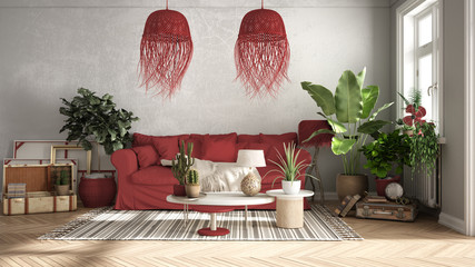 Vintage, old style living room in red tones, Sofa, carpet, pillows and rattan pendant lamps, tables with decors and potted plants, carpet, window, retro interior design concept
