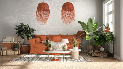 Vintage, old style living room in orange tones, Sofa, carpet, pillows and rattan pendant lamps, tables with decors and potted plants, carpet, window, retro interior design concept
