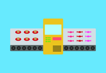 Atomated food production line concept. Conveyor belt production system. Thin line style illustration.