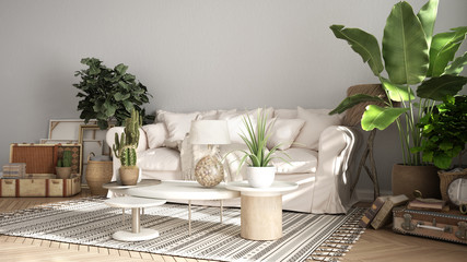 Vintage, old style living room in beige tones, Sofa, carpet, and pillows, tables with decors and potted plants, carpet, window, retro interior design concept with copy space