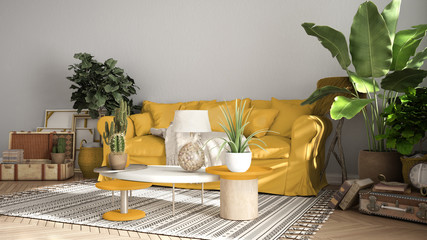 Vintage, old style living room in yellow tones, Sofa, carpet, and pillows, tables with decors and potted plants, carpet, window, retro interior design concept with copy space